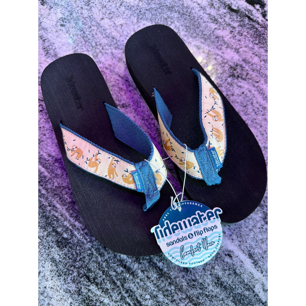 Tidewater Boardwalk Sloths Flip Flops Wedge Sandals Tan Blue B9200-09 women's 9